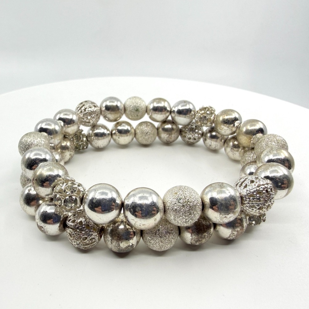 Silver Tone Textured Multi Bead Stretch Bracelet - Boho Stackable Jewelry